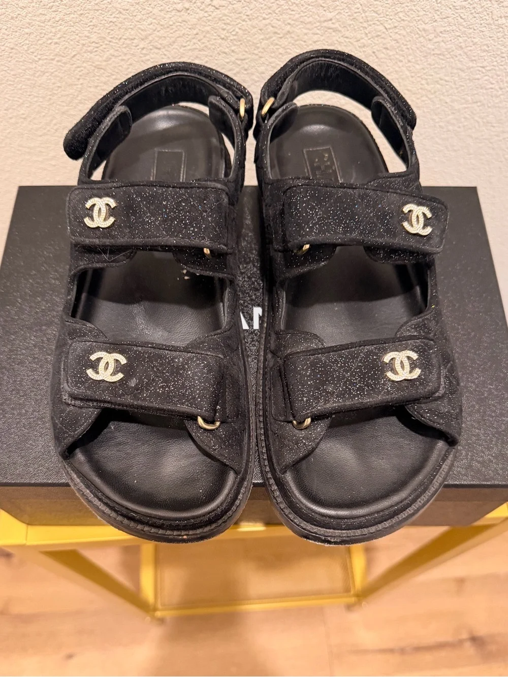 CHANEL Suede Kidskin Glitter Crystal Velcro Dad Sandals 39 Black Silver